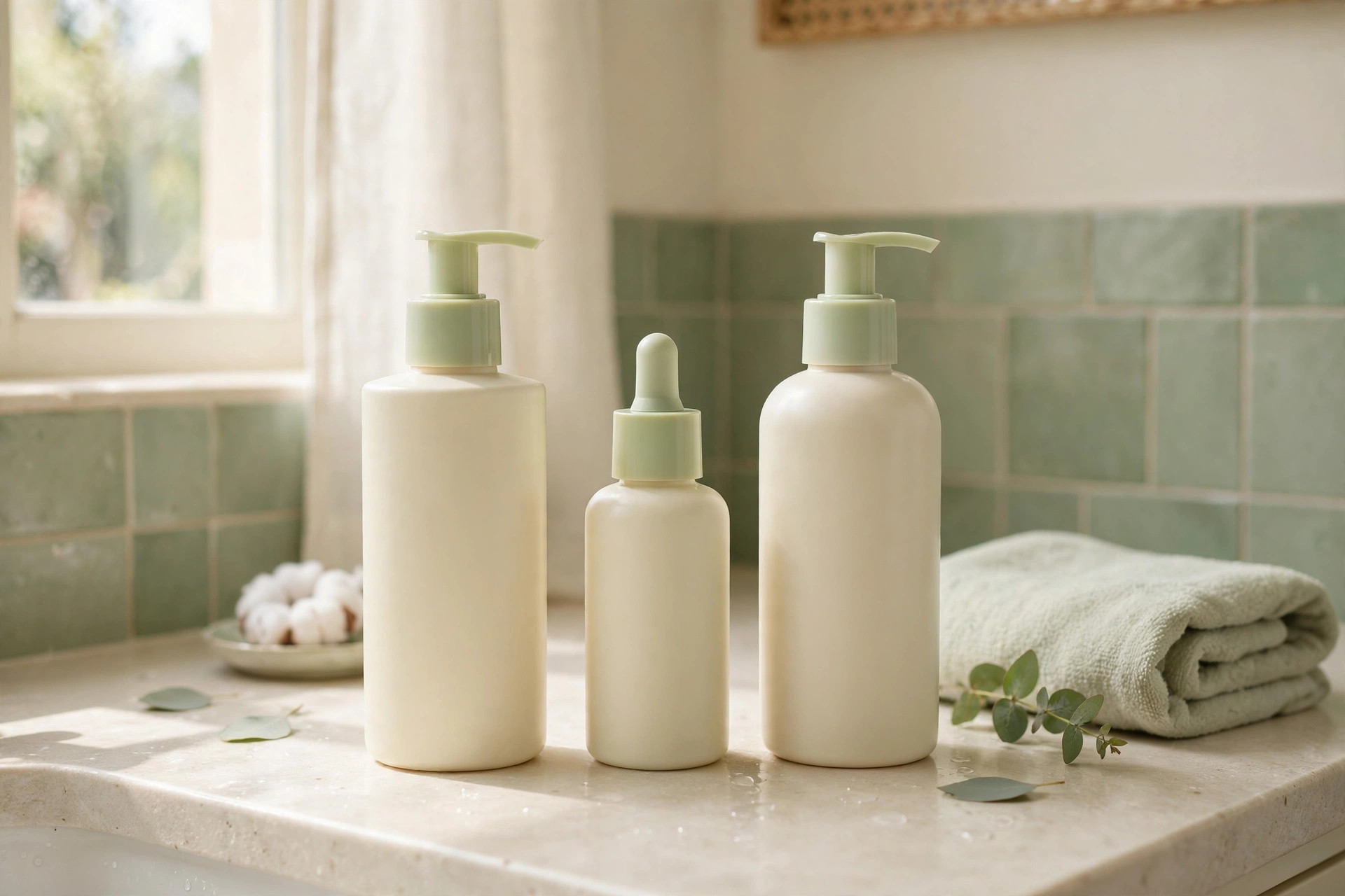 Body wash, serum, and lotion lined up on a bathroom counter