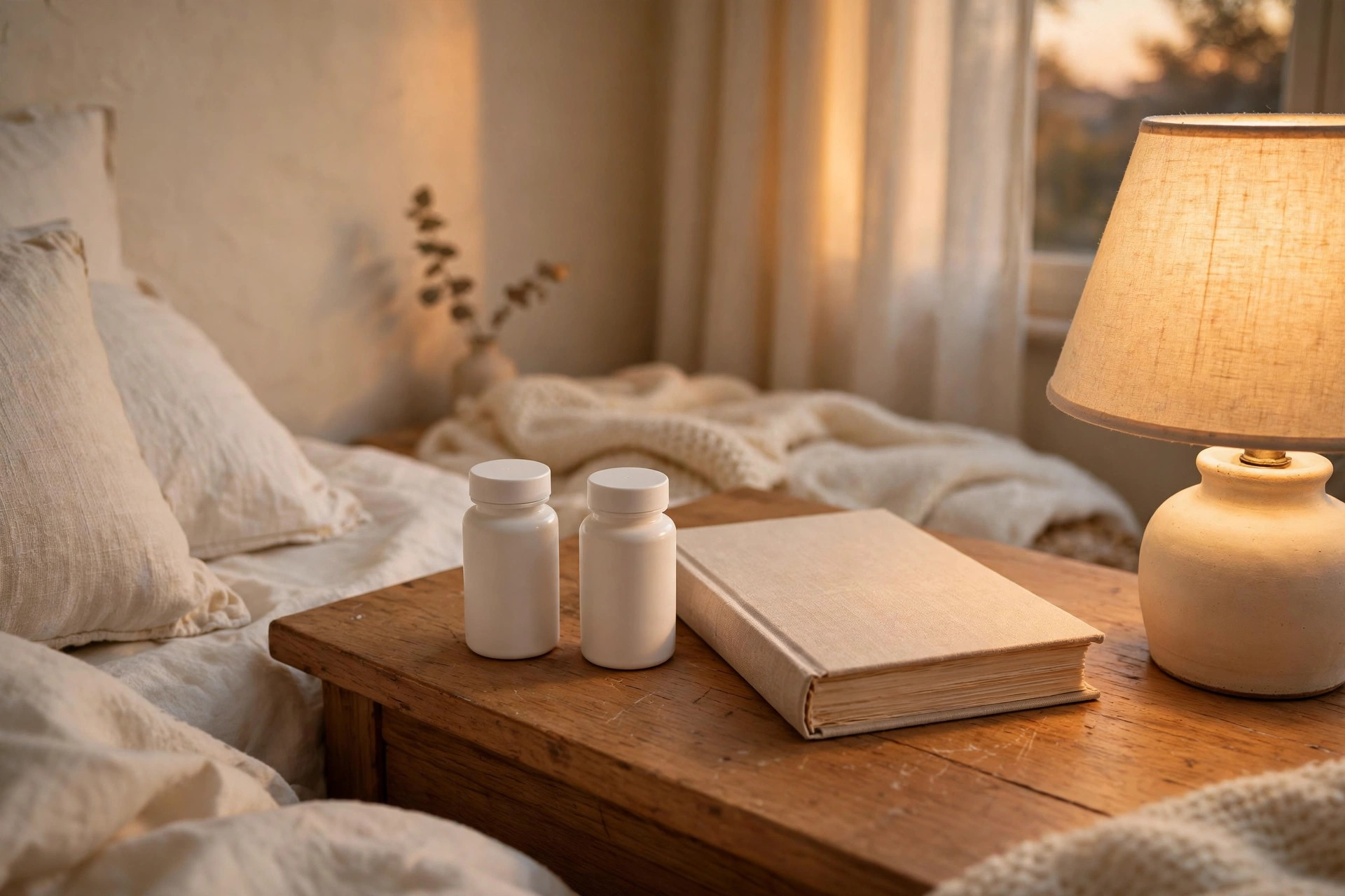 Calm and sleep supplements on a nightstand