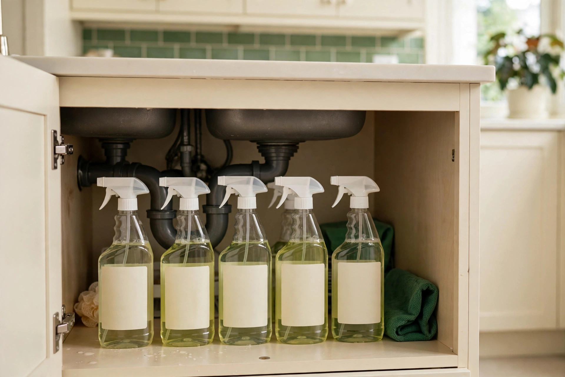 Concentrated cleaning spray bottles under the kitchen sink