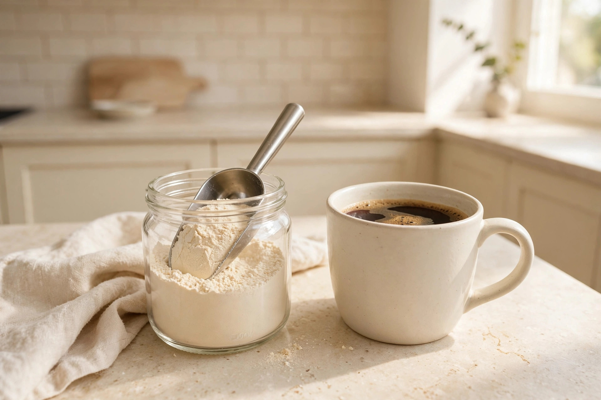 Collagen jar and scoop next to morning coffee