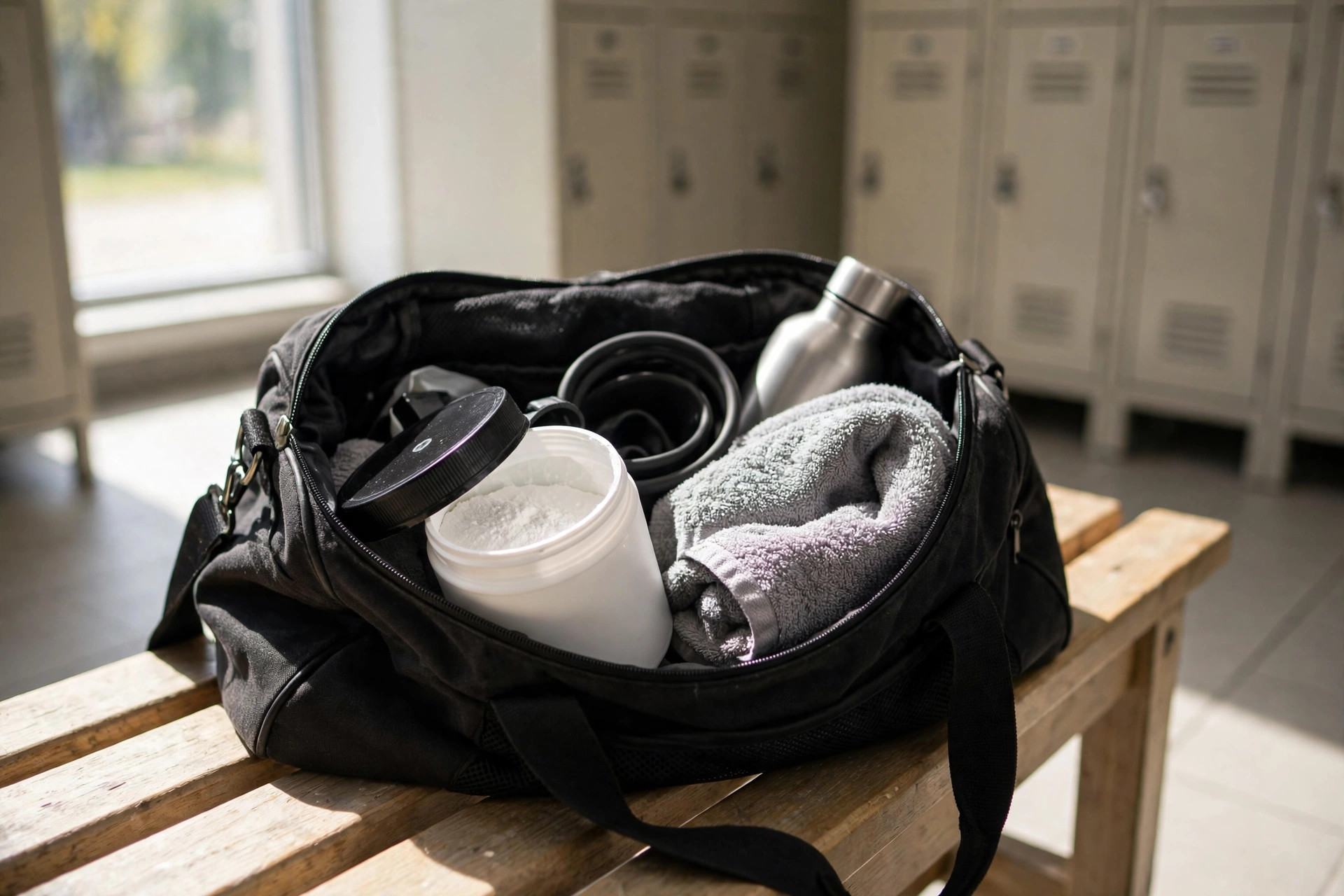 Creatine container in an open gym bag