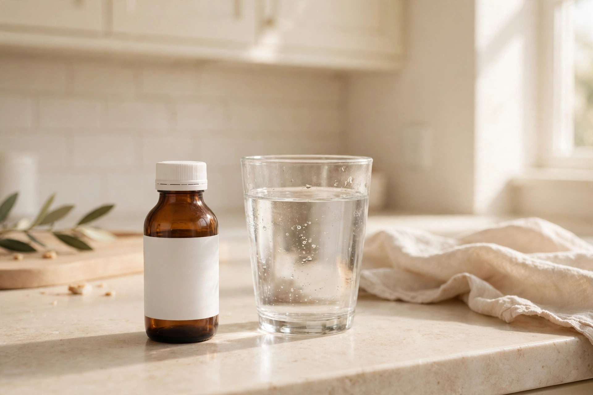 Probiotic bottle and a glass of water on the counter