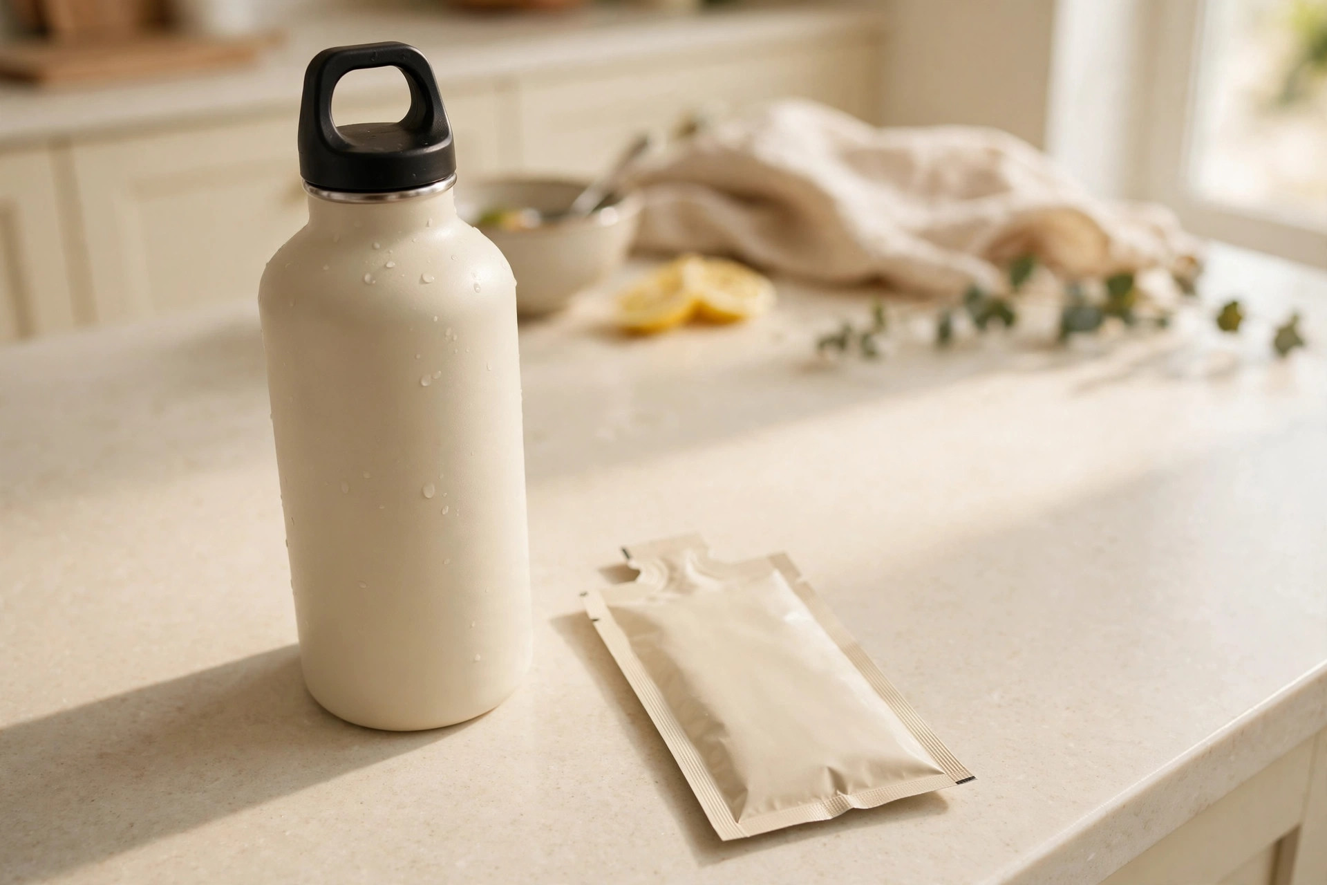 Water bottle with an electrolyte packet on the counter