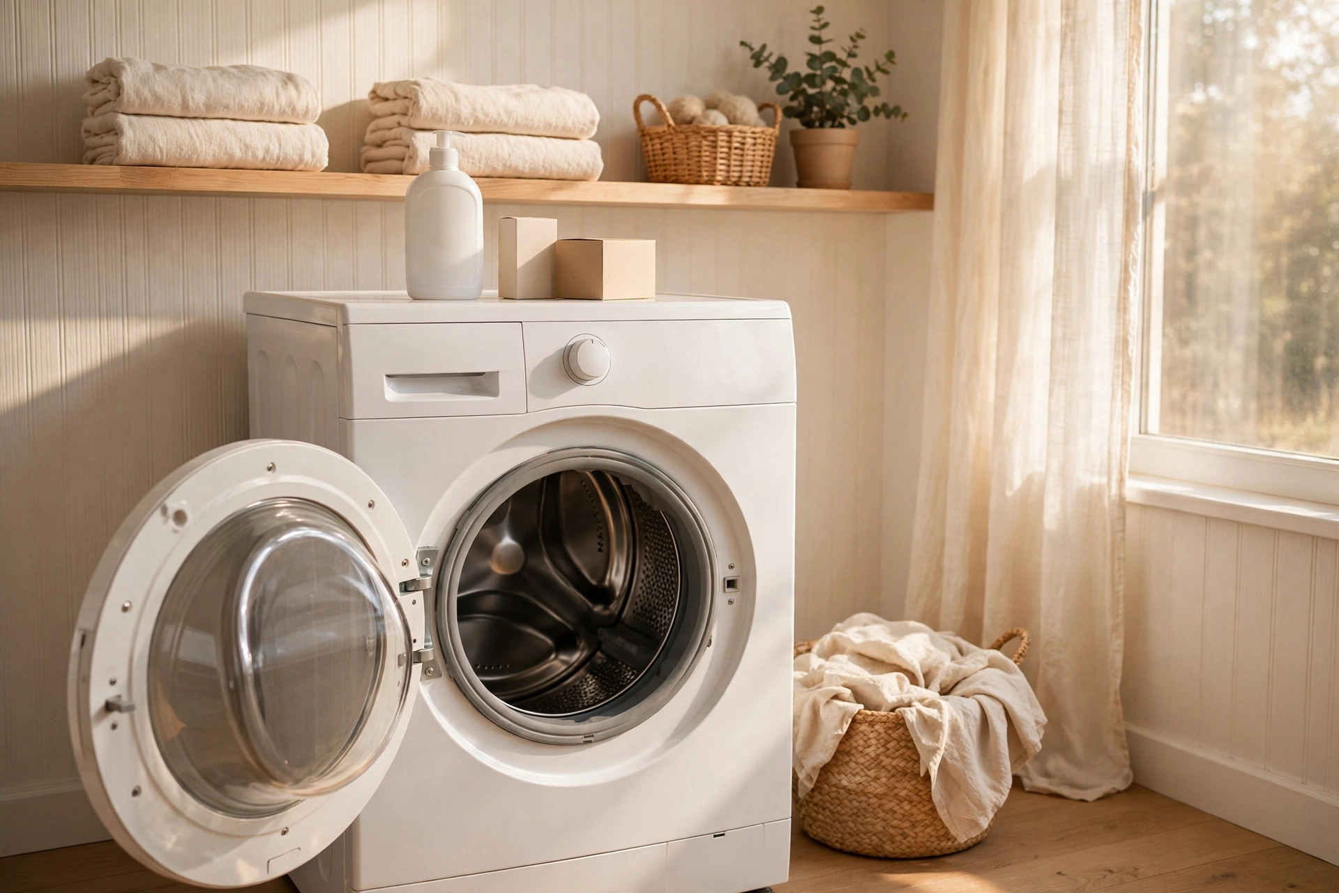 Washing machine with clean laundry products on top