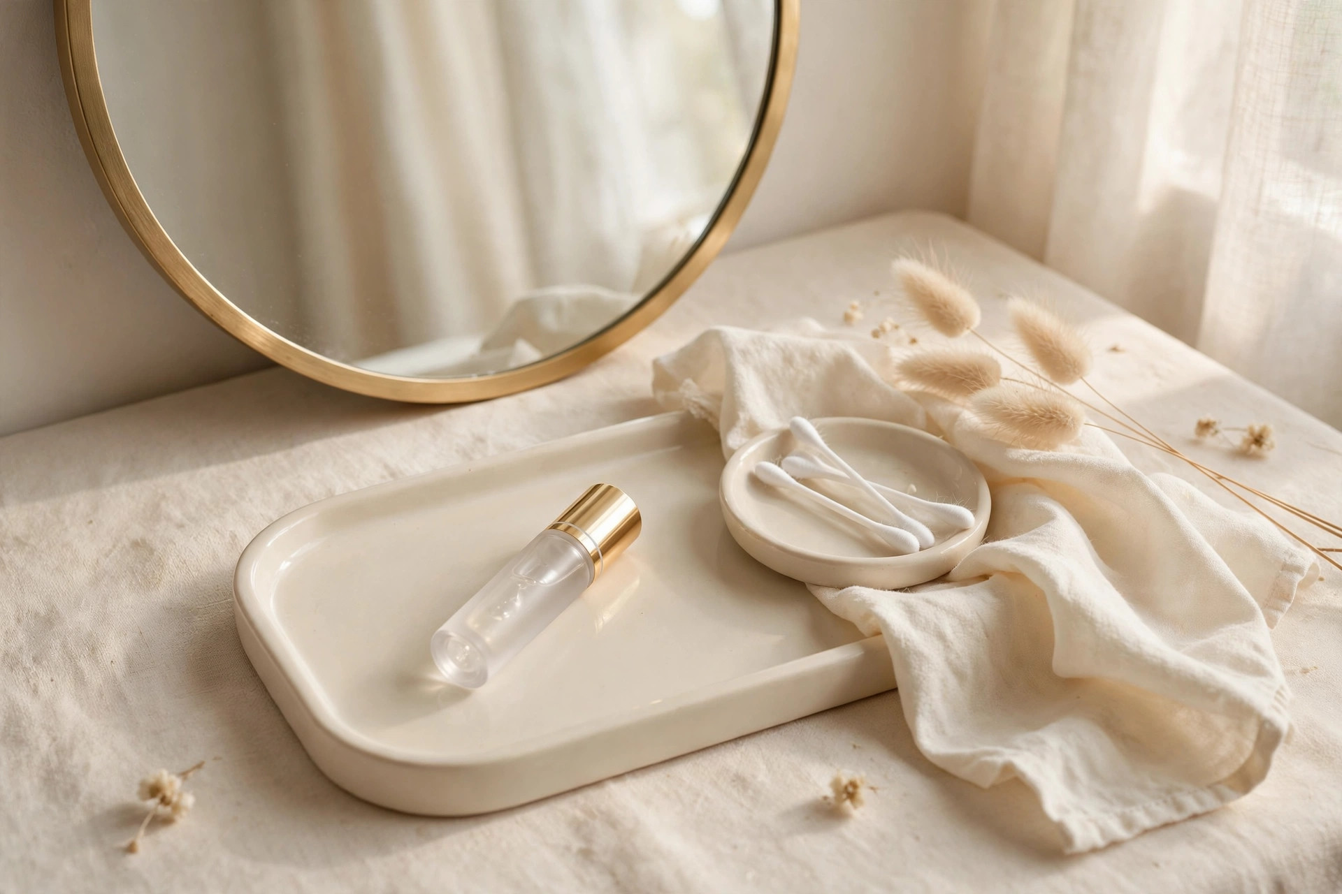 Lip serum tube on a vanity tray