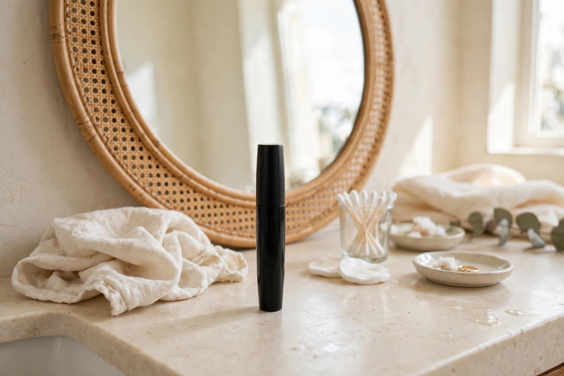 Mascara tube on a bathroom vanity