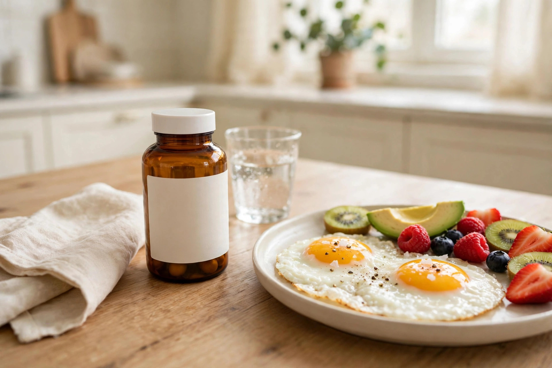 Daily vitamin bottle next to breakfast
